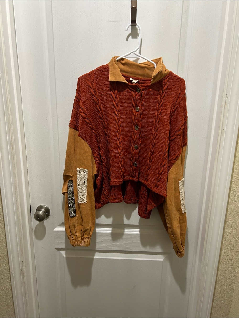 POL Rust Cable-Knit Button Front Sweater with Tan Sleeve Accents